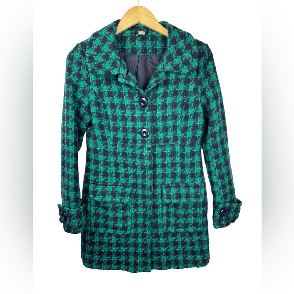 H&M‎ Womens Teal and Navy Houndstooth Wool Blend Pea Coat pleated back, size 4